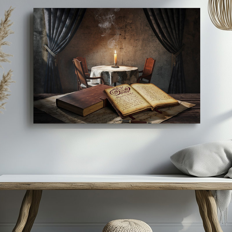 Toile dans une pièce peu éclairée, ombres dansant à travers les murs, art mural texturé révélant une vieille table en bois drapée d'une toile décolorée