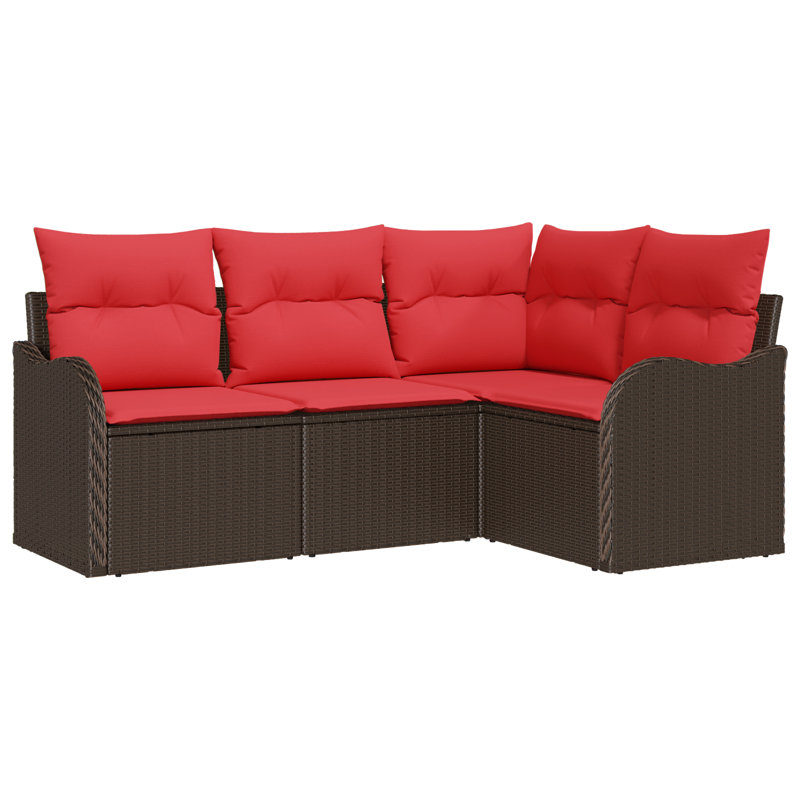 vidaXL Garden Sofa Set 4 pcs Brown Poly Rattan, Brown Frame/Red Cushion