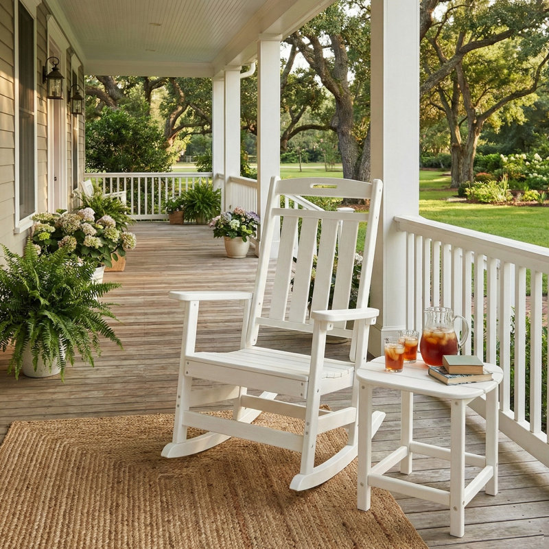 2-Piece HDPE Outdoor Rocking Chair Set With Side Table, All-Weather Porch Rocker And End Table Bundle, White
