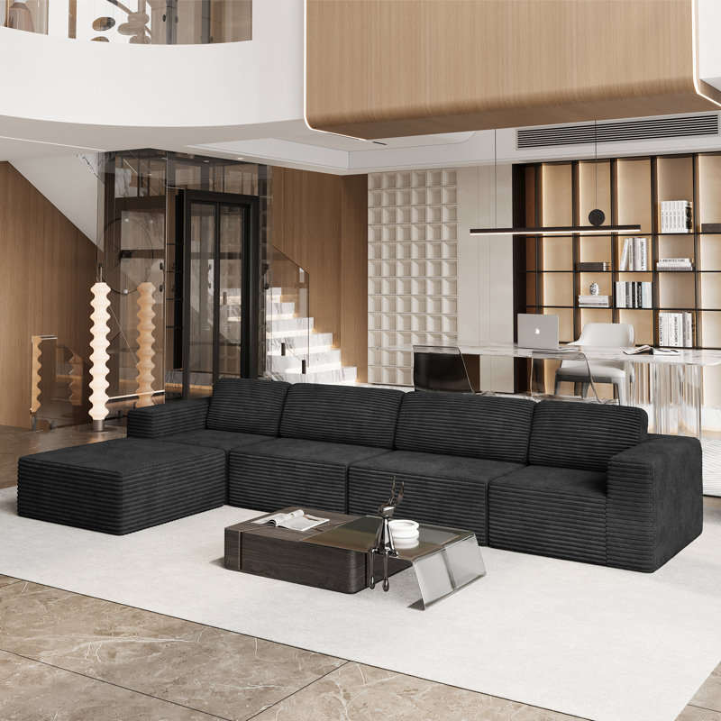 Modular Corduroy 404cm 4-seater Sofa With 1 Ottoman, No Assembly Required, With High Rebound Sponge, Black