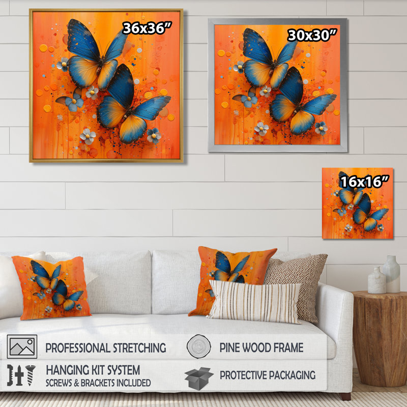 «Blue Orange Butterfly Wings Beauty II», impression d'art mural papillon, Cadre flottant doré, H 16 po x l 16 po