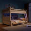 Lit double superposé au-dessus de grand lit double avec tablettes intégrées, lumières à changement de couleur et panneau perforé, beige