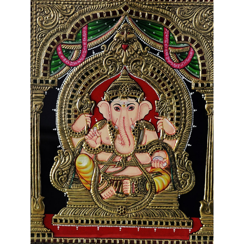 Lakshmi Ganesha Saraswati (trois en un) | Couleur traditionnelle avec or 24 carats | Avec cadre