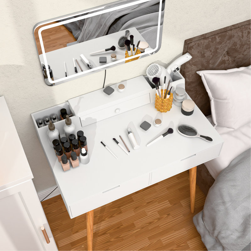 Meuble-lavabo blanc 31,5 po avec 3 modes de couleur d'éclairage DEL, miroir amovible et rangement ouvert 31,5 po