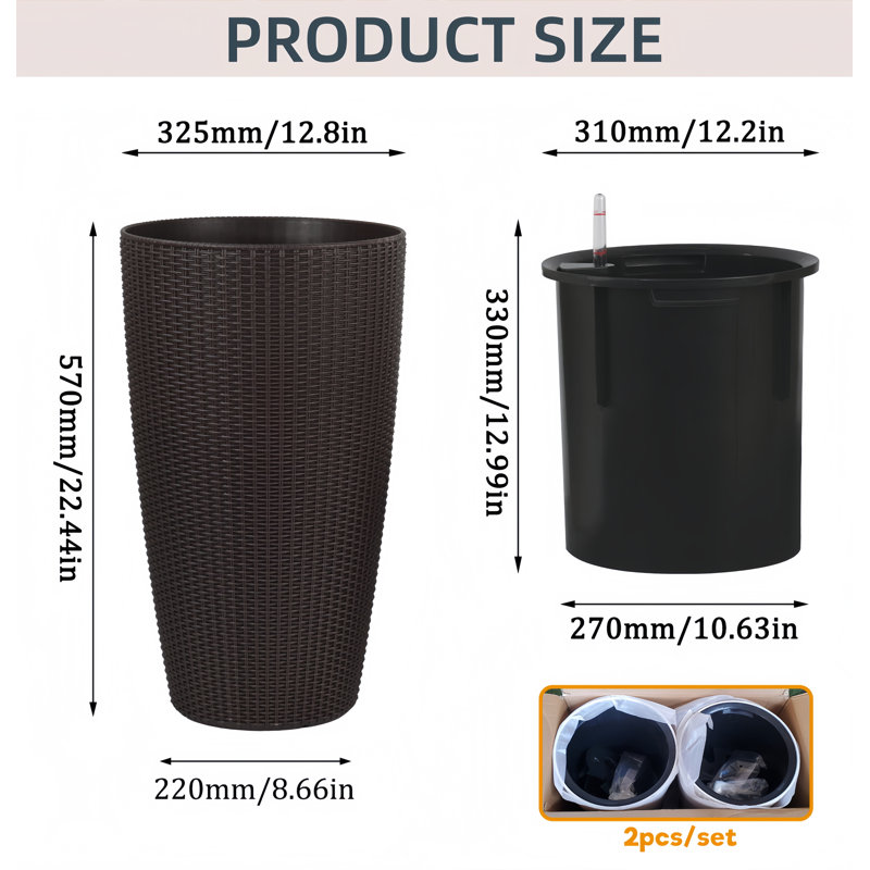 23 In. H Plastic Rattan Planter Set With Self-Watering System (2-Packs), Brown