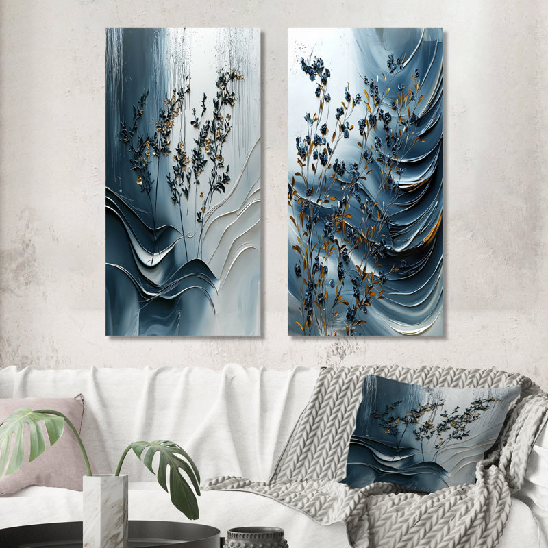 «Blue and White Herbs Spiral Garden I», ensemble de 2 pièces d'art floral, H 28 po x l 24 po, Toile tendue sur cadre