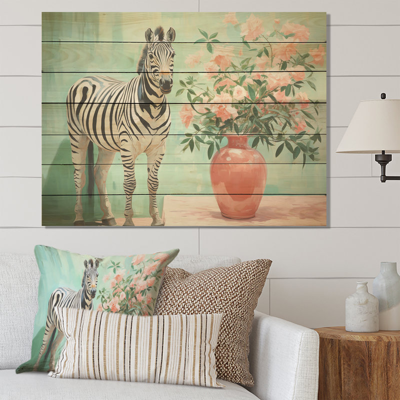 Zèbre floral rose et vert IV - Animal zèbre sur bois, H 10 po x l 20 po