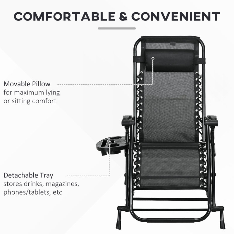 Chaises berçantes pliables, chaise berçante inclinable zéro gravité avec coussin, porte-gobelet et support pour téléphone, cadre en acier noir et noir, crée un coin extérieur paisible de 2 pièces, construction, facile à ranger