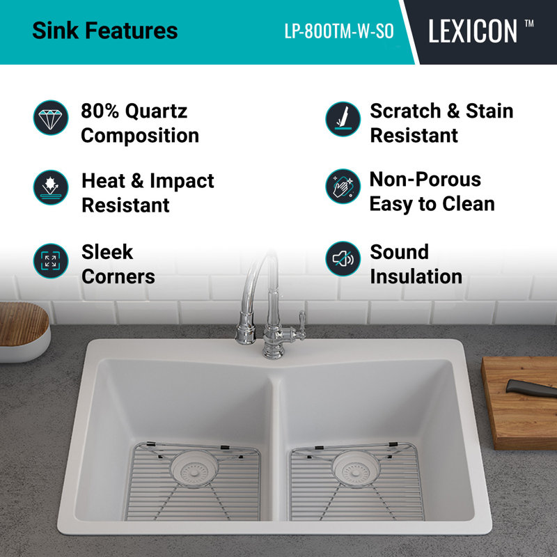 33" x 22" Platinum Quartz Kitchen Sink, Double Bowl Sink, Drop-in Sink, Undermount Sink, Granite Kitchen Sink, White