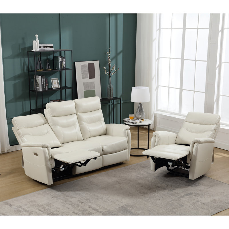 Ensemble de salon inclinable électrique 2 pièces avec port USB Angellie, Cuir véritable ivoire