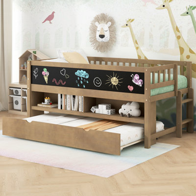 Twin Size Wood Low Loft Bed with Storage Shelves, Blackboard and Trundle, White(Expected Arrival Time: 3.5)