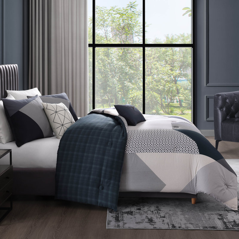 Geo Fusion Comforter Set Bebejan 100% Cotton Sateen 5 Piece Reversible, Queen Comforter + 4 Additional Pieces