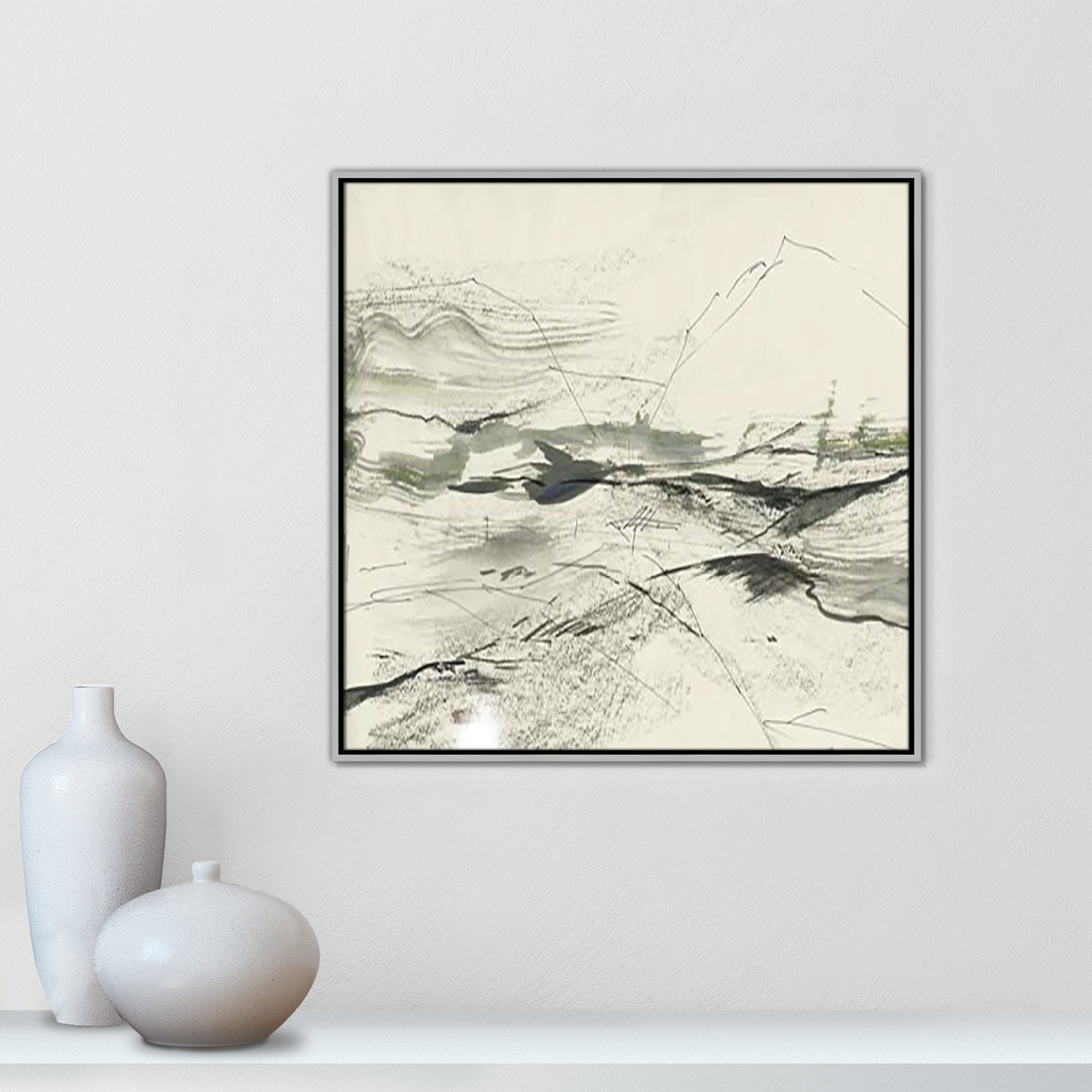 Green Sketches Print, 31.5" H x 31.5" W x 2" D, Silver Floater Framed