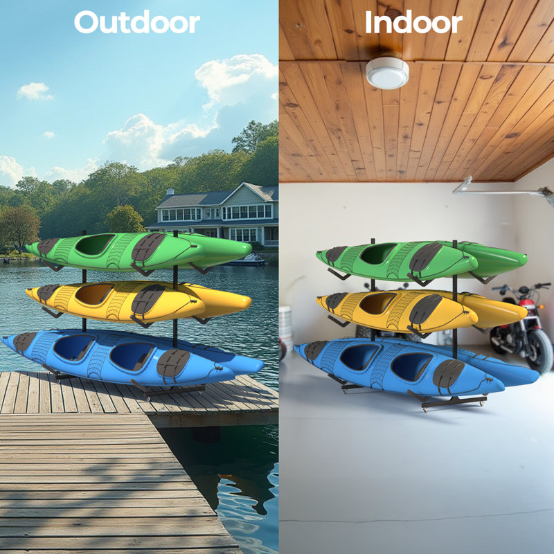 Launda 3-Level Freestanding Adjustable Kayak Rack With Padded Arms And Lockable Wheels