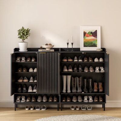 Modern Fluted Panel Shoe Cabinet with Adjustable Shelves, Iron Legs & Anti-Tilt Design