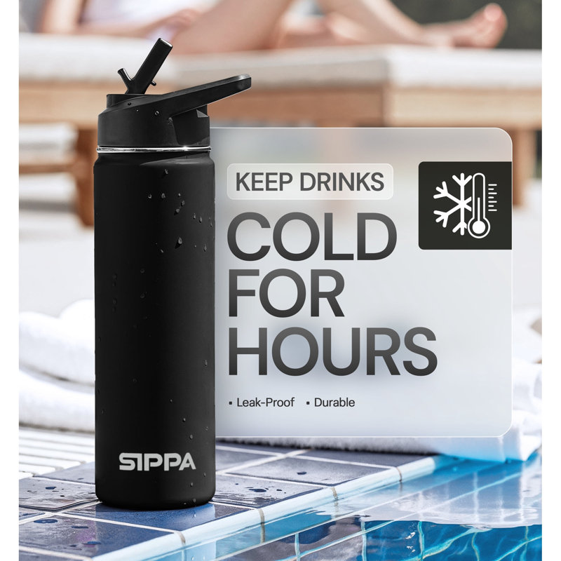Bouteille d'eau en acier inoxydable SIPPA 22Oz avec couvercle et poignée en paille rabattable, Black