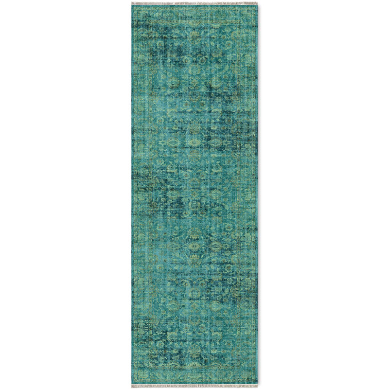 Pender Teal Oriental Vintage Look Cotton Chenille Area Rug, Rectangle 2'8" x 4'