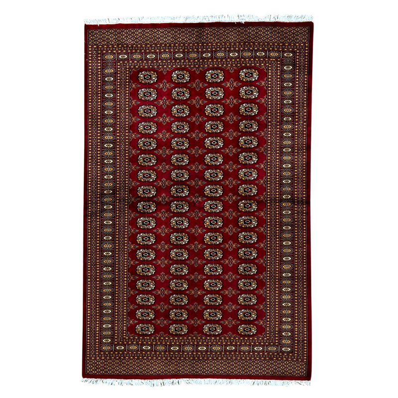 Tapis rouge / brun / beige en laine noué à la main de conception unique 5 pi 1 po x 7 pi 10 po