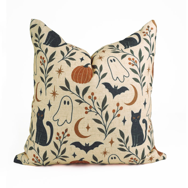 Housse de coussin décorative en lin mélangé avec motif fantôme et chat noir pour l'Halloween, chauves-souris et citrouilles, idéale pour canapé, sofa et lit.