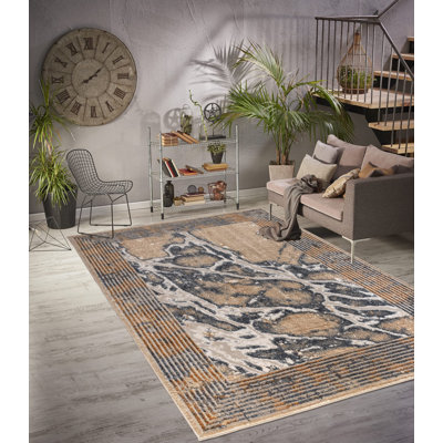Tapis abstrait en polypropylène brun ou gris Quinetta, tapis contemporain - 5 x 8, 6 x 9