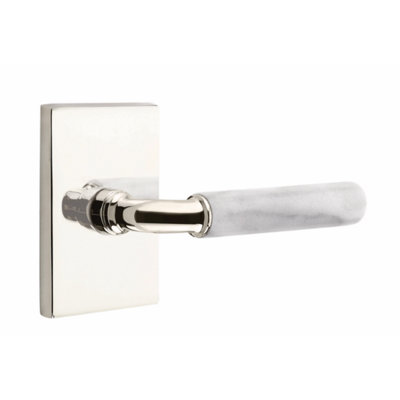 Ensemble de leviers d'intimité Emtek Select, rosette rectangulaire moderne, tige R-Bar, poignée en marbre blanc, droite
