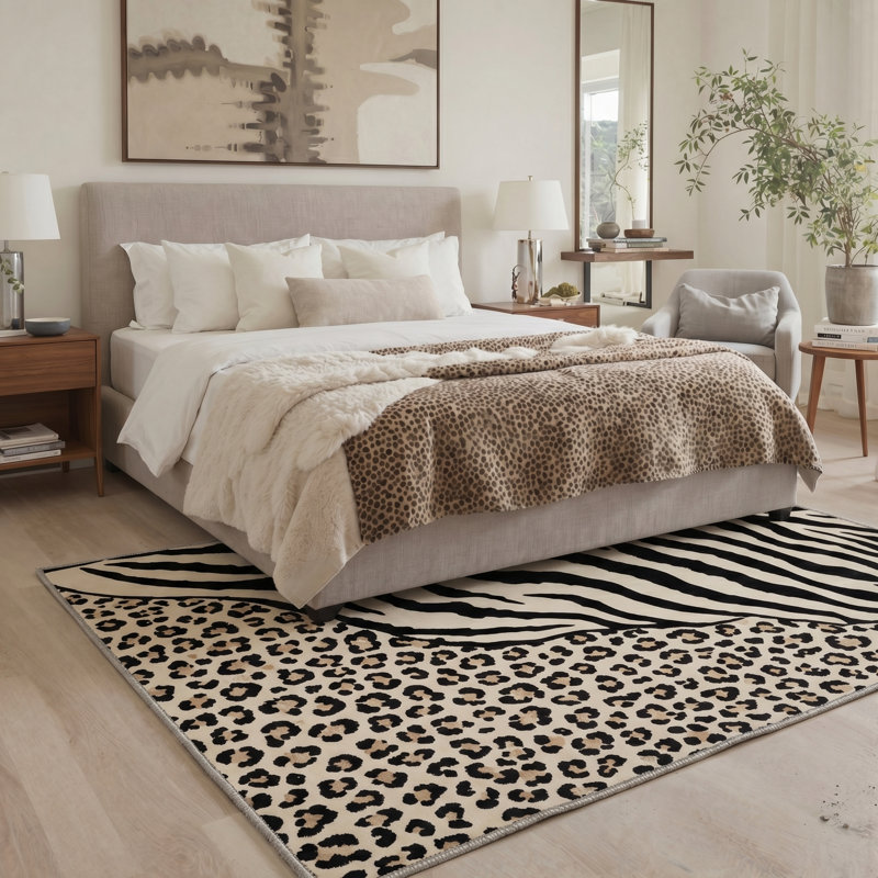 Abrahamson Zebra and Leopard Patchwork Animal Print Machine Washable Black / Beige Indoor Area Rug with Non-Slip Backing