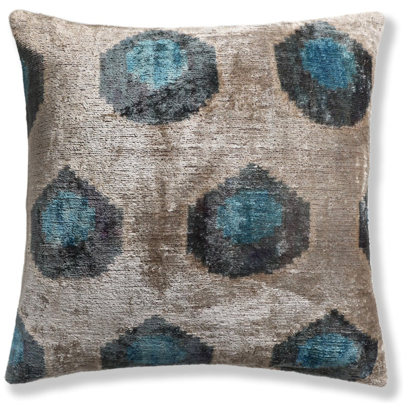 Coussin en velours de soie biologique tissé à la main 20 x 20 - Taupe neutre avec motif ikat bleu sarcelle