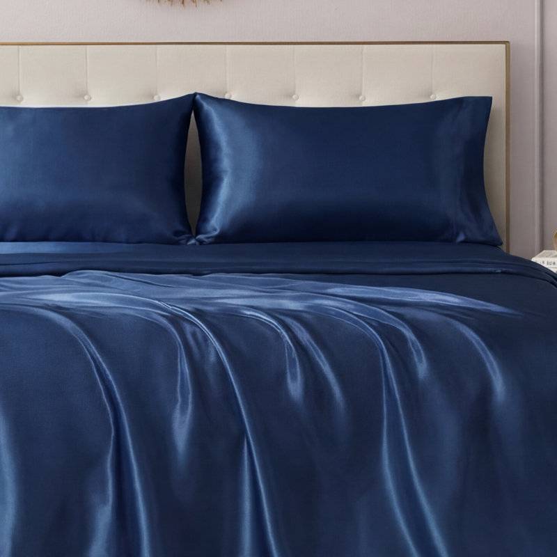 Juicy Couture Premium Silky Satin Sheet Sets, King Sheet Set with 2 Pillowcases, Dark Blue
