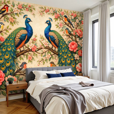 Papier peint pelez et collez, fleurs de paon éclatantes, fleurs, oiseaux, peintures murales rétro, papier peint amovible en PVC, H 100 po x l 144 po, pour le salon, la chambre et le bureau à domicile