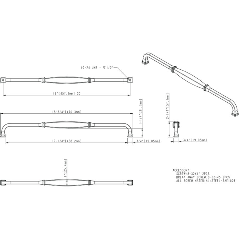 Audrey 18" Satin Bronze Appliance Handle with Mounting Hardware