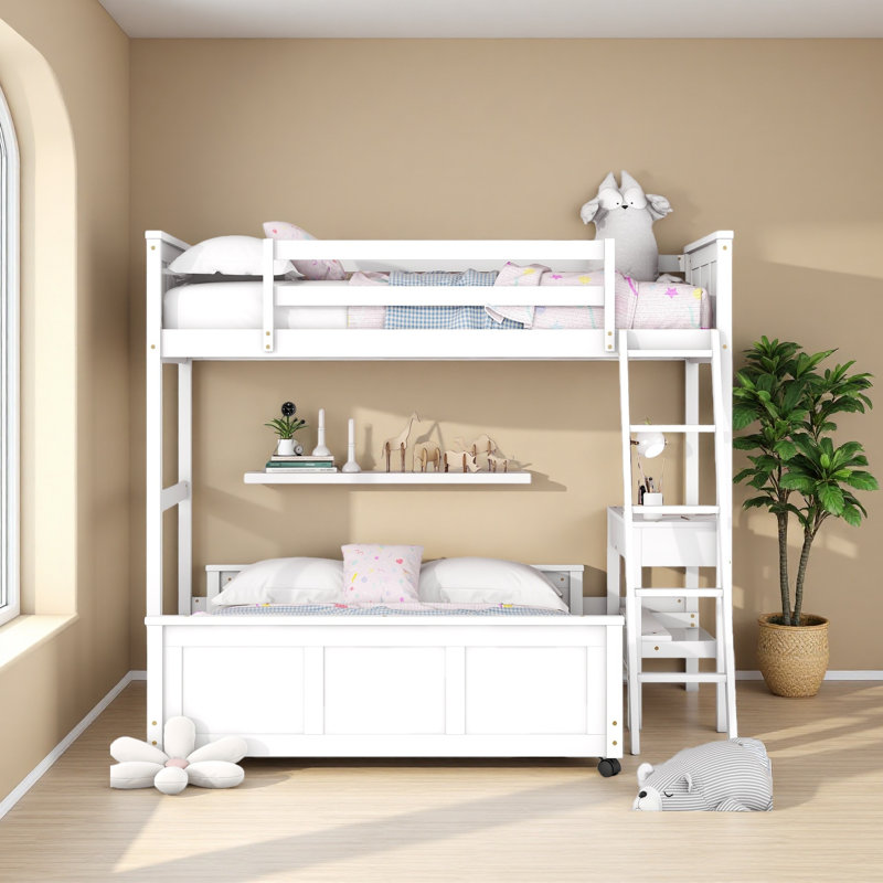 Lit superposé avec bureau, Simple sur simple, Blanc