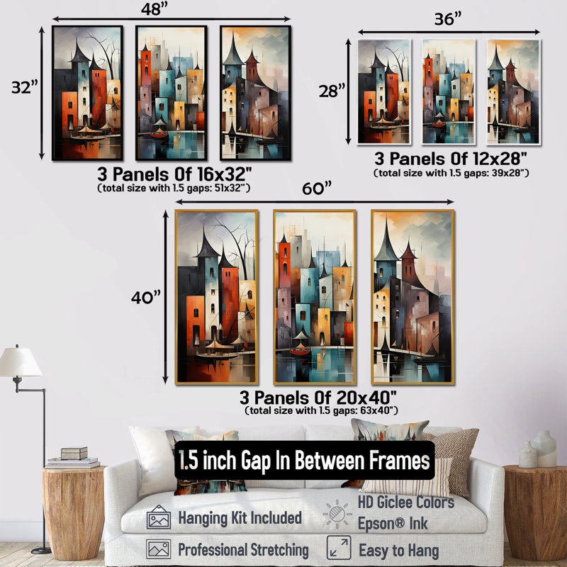 «Cubist Urbanism Horizon I» - ensemble d'art mural cubisme, Cadre flottant noir, H 32 po x l 48 po x P 1 po