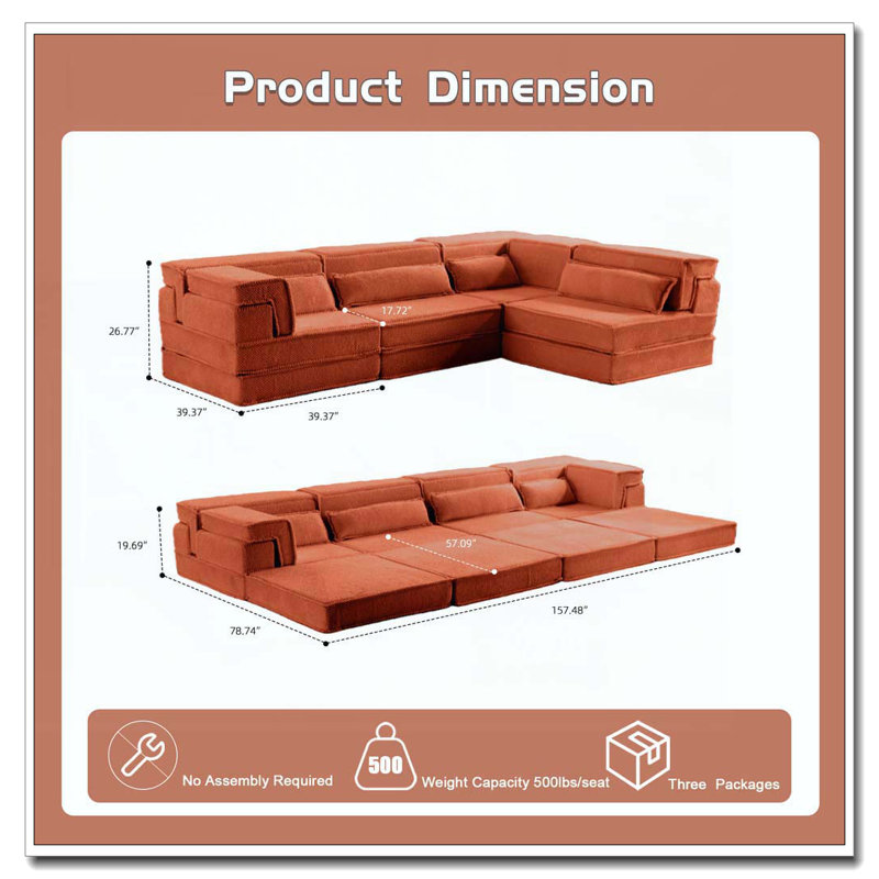 Canapé à compression Mahjong, canapé-lit convertible au sol, canapé modulaire modulaire désossé DIY, aucun assemblage requis, tissu polaire circulaire, surdimensionné à 4 places avec 4 coussins