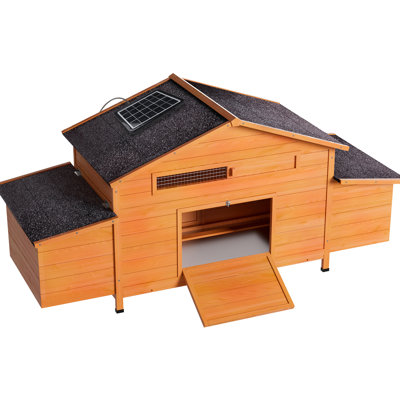 Outdoor Chicken Coop With Automatic Solar Door, Construction, Ventilation System, 2 Nesting Spaces, Timer Function, Sensor Control - Solid Wood House Easy Pull-Out Tray, Brick Red, 68.47 In Deep,