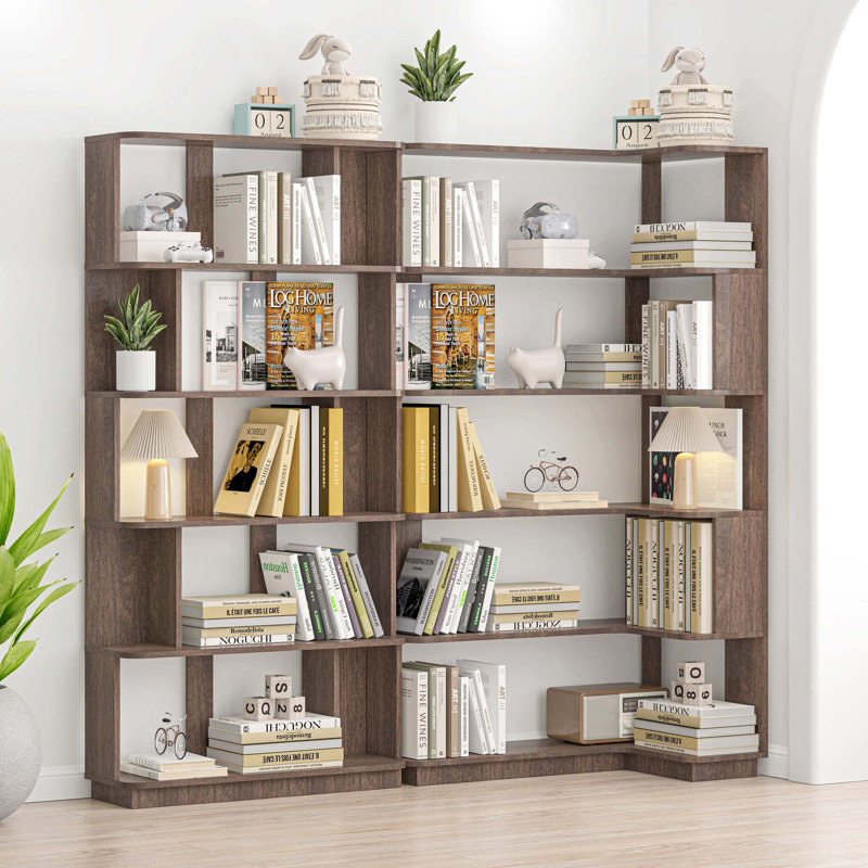 Bibliothèque d'angle compacte de 90 cm + bibliothèque libre extensible de 80 cm, ensemble de 2 tablettes, Marron foncé