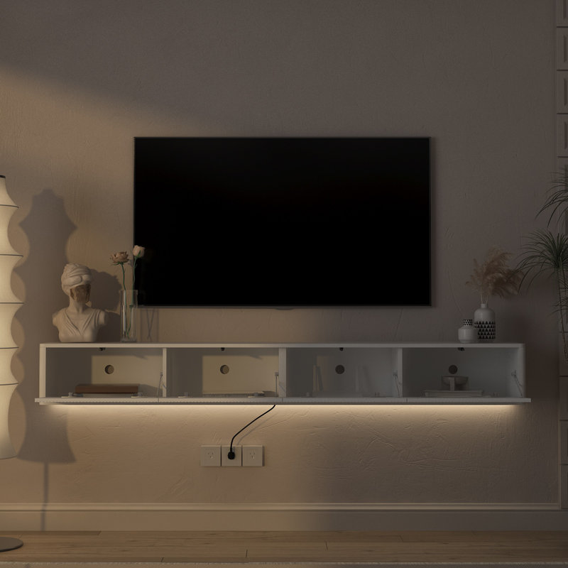 Floating TV Stand Wall Mounted With 16 Color Leds, White, 9.17" H x 64.9" W x 11.8" D