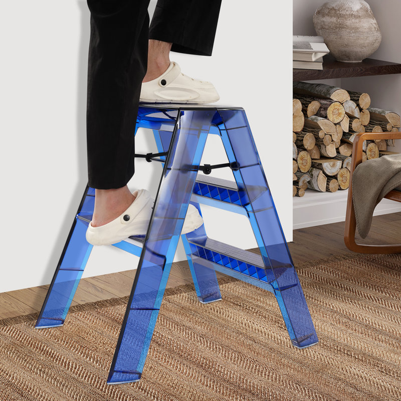3-Step Ladder, Folding Ladder, Portable Stepladder, Blue