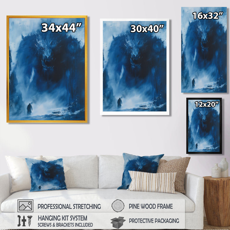 «Blue Winter Fury Unleashed Giants Monster» - art mural Giants, H 12 po x l 20 po, Cadre pour photo simple noir, bois massif