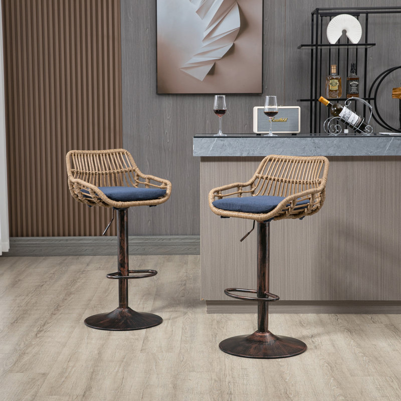2Pcs Blue Linen Swivel Stools, Adjustable Height With Footrest For Home Dining Room Bar Kitchen And Comfort, Blue