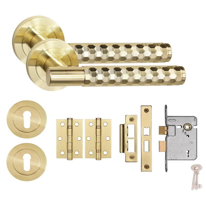 Golden Grace Knurled Hex Cut T-Bar Bathroom Door Handle Set with Ball Bearing Hinges