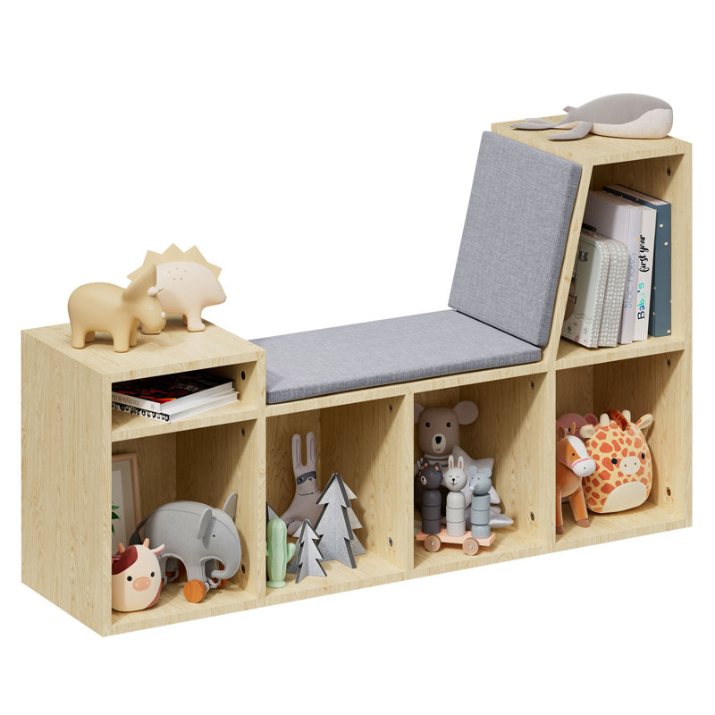 Linlin 25'' H * 43'' W 6-Tier Wooden Corner Reading Nook Organizer with Seat Cushion and Storage, Wood
