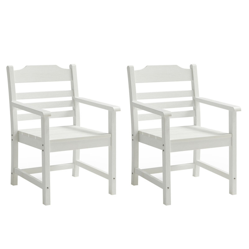 Patio Dining Chair With Armset Set Of 2, Pure White With Imitation Wood Grain Wexture,HIPS Material, White