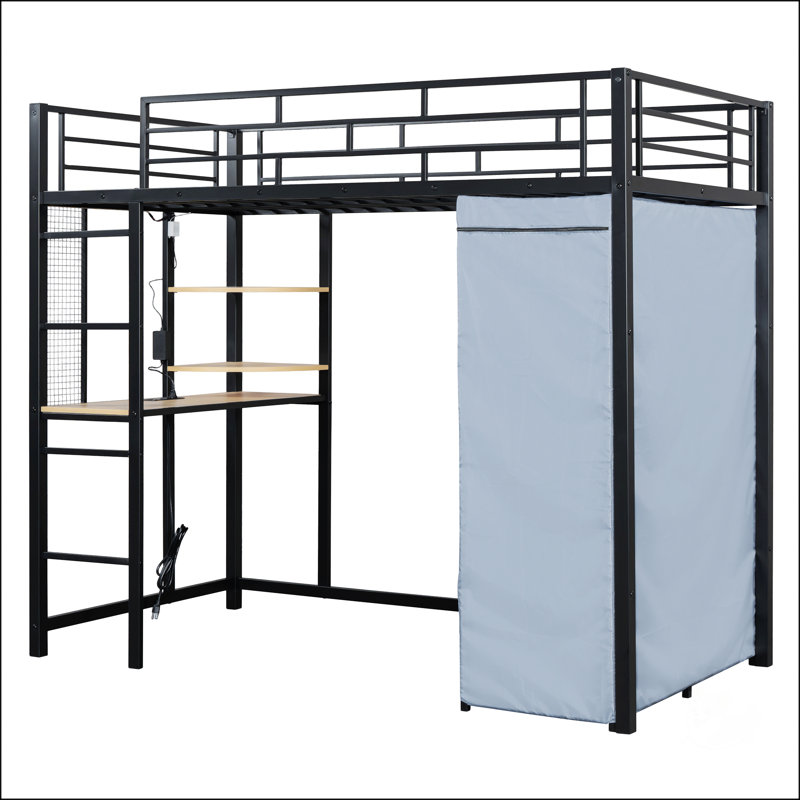 Lit en métal avec bureau Loft, Lit simple, Noir