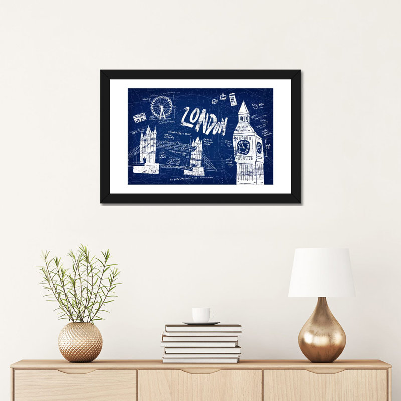 «London Blue» par Edward Selkirk, reproduction sur toile, H 24 po x l 32 po x P 1 po, Papier beaux-arts encadré noir, Blanc