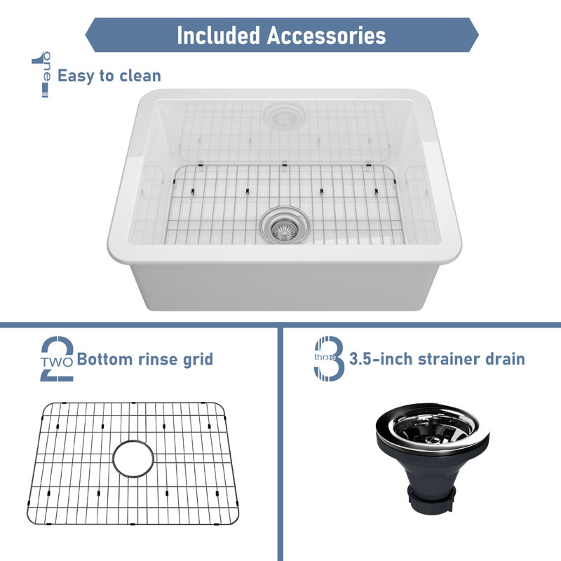 26.65'' L Single Bowl Fireclay Kitchen Sink, Brushed Nickel