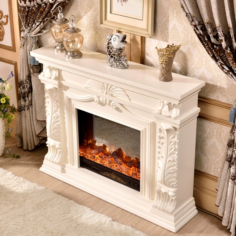 Beige Solid Wood Electric Fireplace, Beige