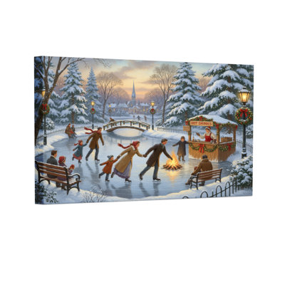 Christmas Winter Scene With Ice Skaters And Hot Cocoa Stand Set of 3 Canvas Wall Art Prints