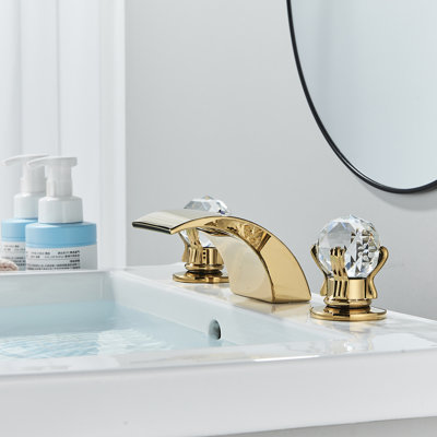 LED Light Bathroom Sink Faucet 3 Holes, 8 Inch Waterfall Faucets with Dual Crystal Handles Basin Mixer Tap, Widely Waterfall Spout 3 Color Changing Vanity Faucets with Supply Hose