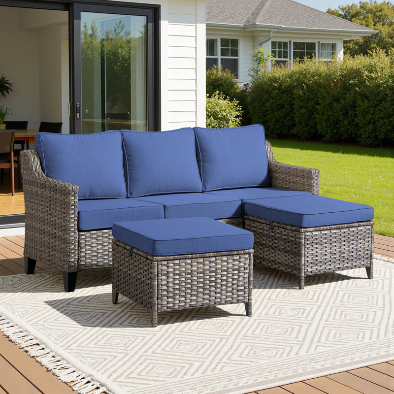3 Pieces Patio Furniture Sofa Set-Outdoor Wicker Patio Furniture With Ottomans And All-Weather Patio Conversation Set For Backyard Porch Garden