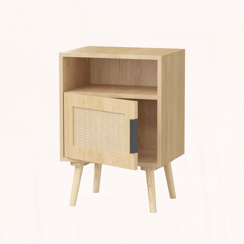 Table de chevet en rotin avec porte, tablette ouverte et pieds en bois massif, chêne